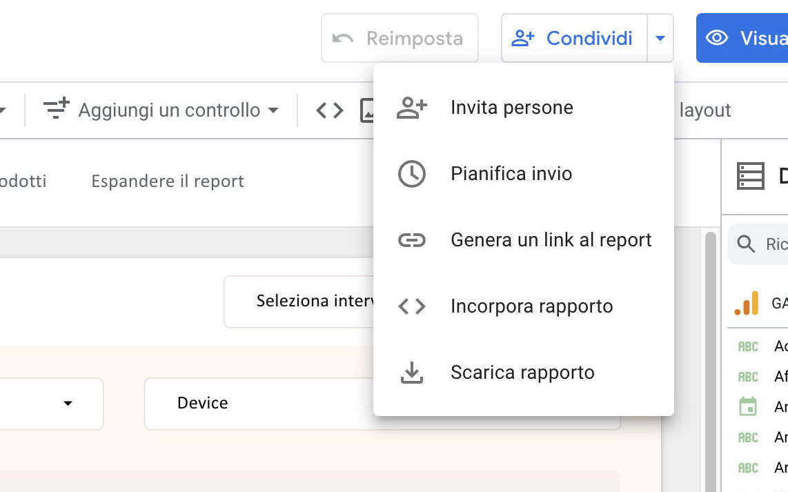 Menu di condivisione report di Google Looker Studio