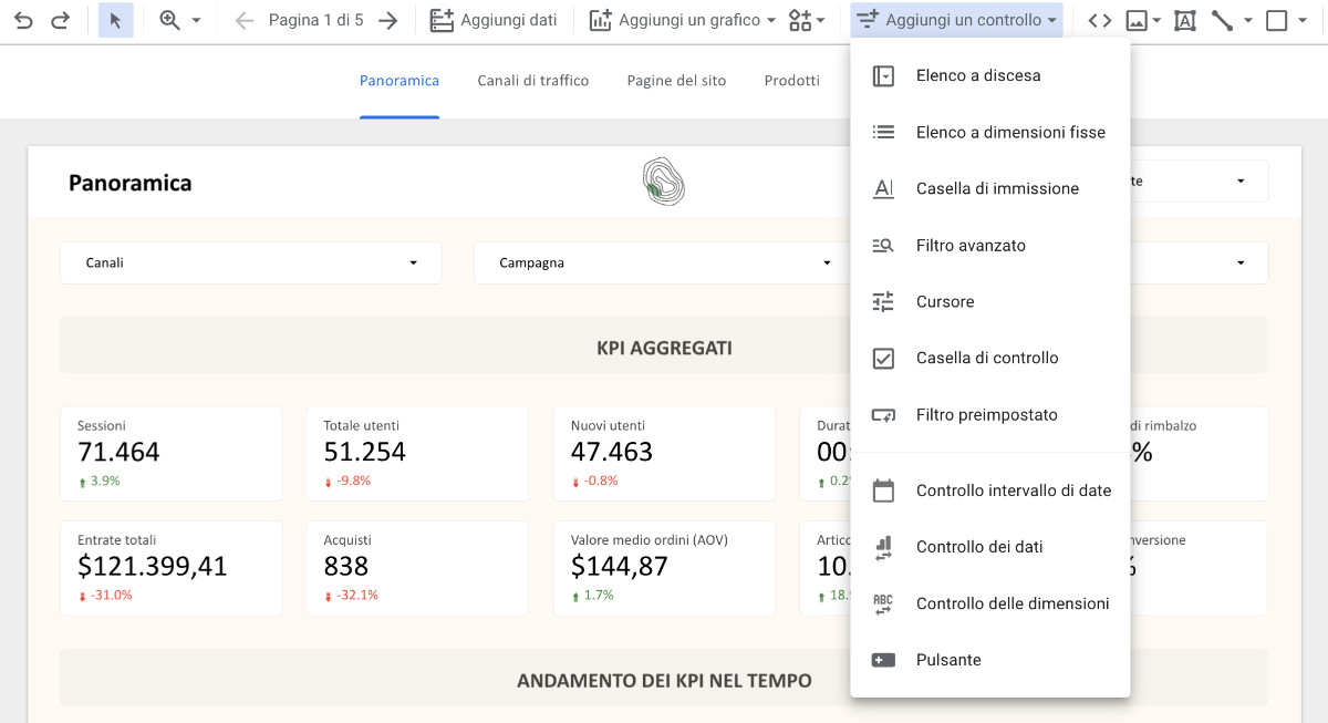 Selettore dei filtri di Google Looker Studio