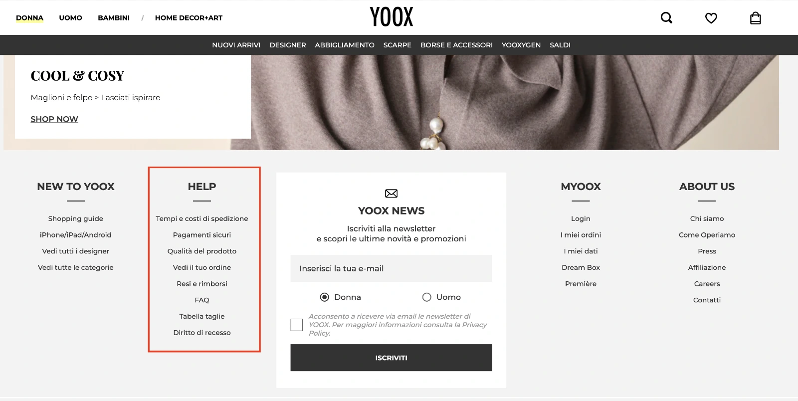 Sezione con link a pagine di supporto nel footer